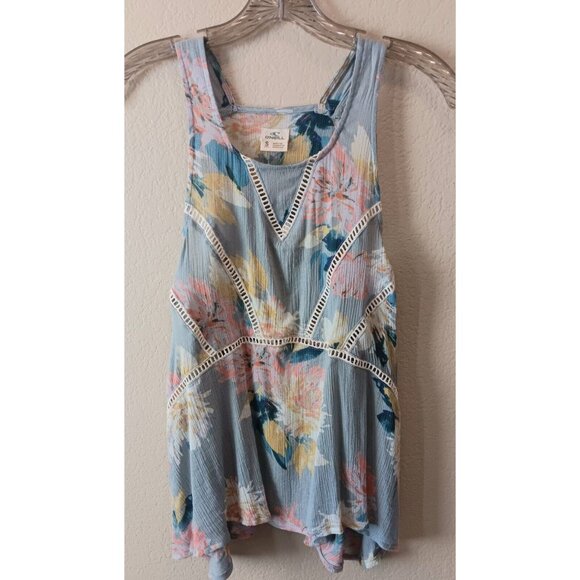 O'Neill Tops - O'NEILL Gauzy Long Tank Top Floral Flowy Beachy Crochet Gray Cream Pink Small
